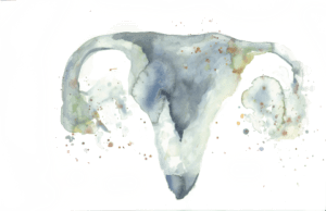 A watercolor illustration of a uterus, characterized by soft blue and green hues with splashes of color surrounding it.