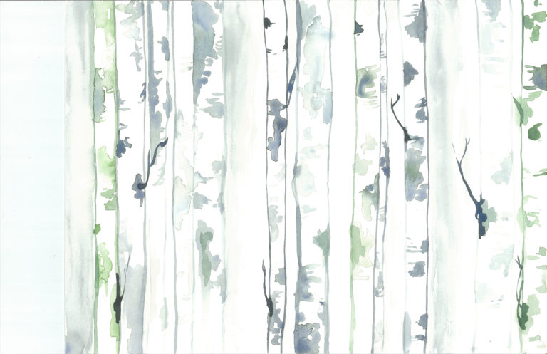 Abstract depiction of tall trees with gentle brush strokes in shades of green and gray against a light background.