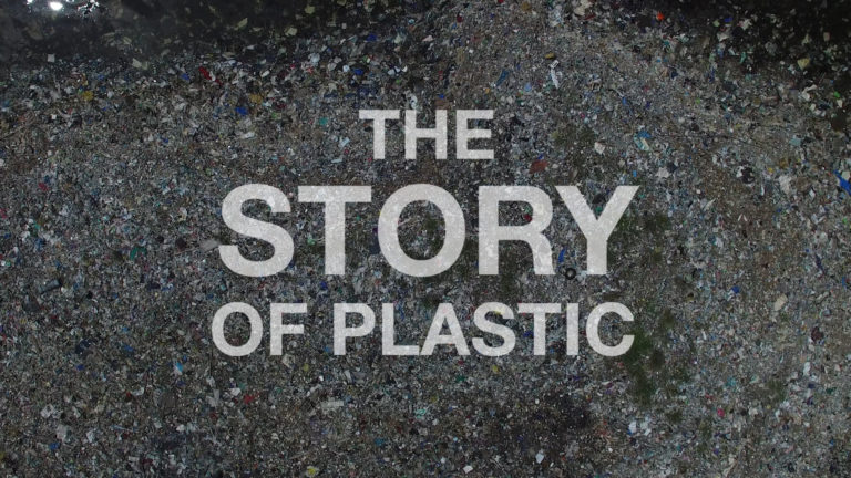 Text overlay reading "THE STORY OF PLASTIC" is set against a background of colorful plastic waste, highlighting environmental concerns.
