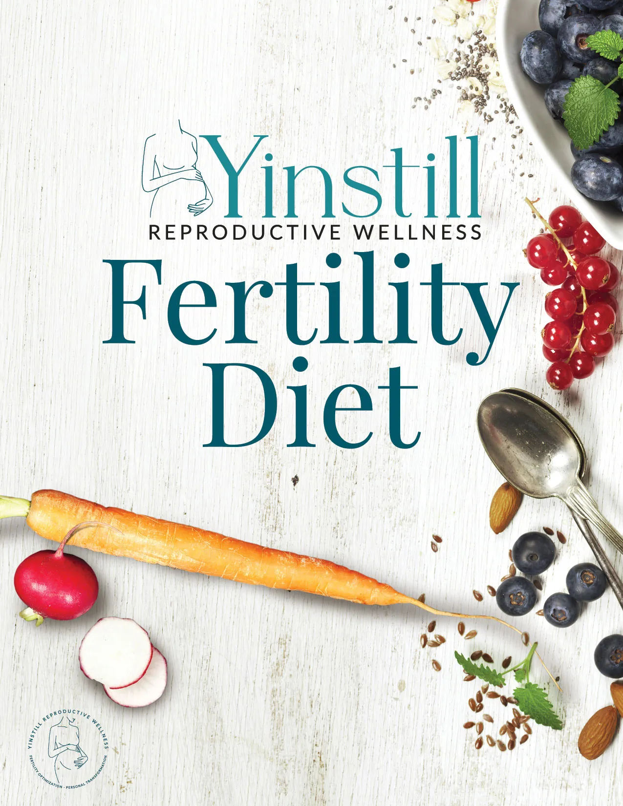 A cookbook cover titled 'Fertility Diet' featuring fresh vegetables, berries, and a spoon, linked to reproductive wellness.