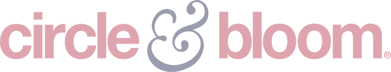 A stylized logo featuring the text 'circle & bloom' in soft pastel colors.